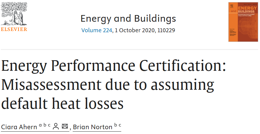 Thumbnail link for paper: Energy Performance Certification: Misassessment due to assuming default heat losses by Ciara Ahern, Brian Norton